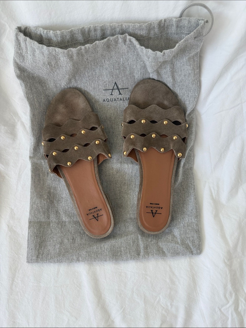 Aquatalia Taupe Suede Scalloped Slide Sandals with Gold Studs